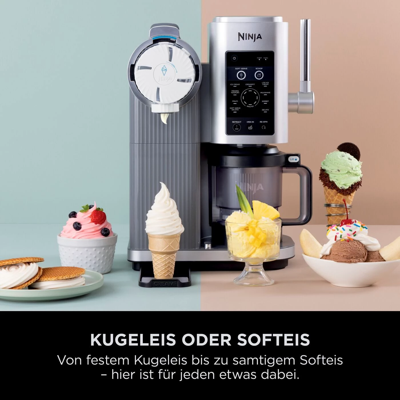 NINJA Eismaschine Ninja CREAMi Scoop & Swirl 13-in-1 Softeis- und Eismaschine NC701EU, 0,48 l