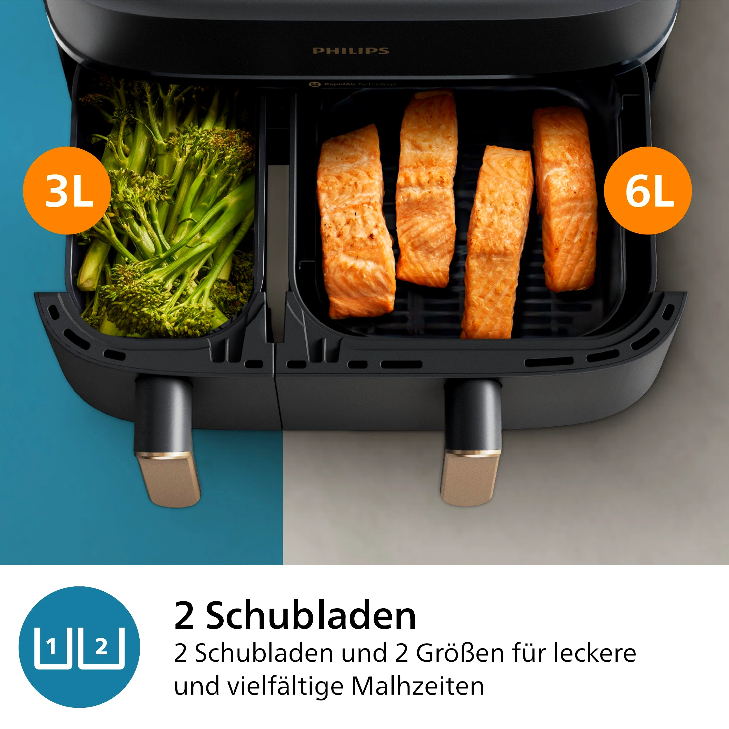 Philips Heißluftfritteuse 3000 Series NA352/00, Dual Basket Airfryer mit 9L Kapazität , 2750 W