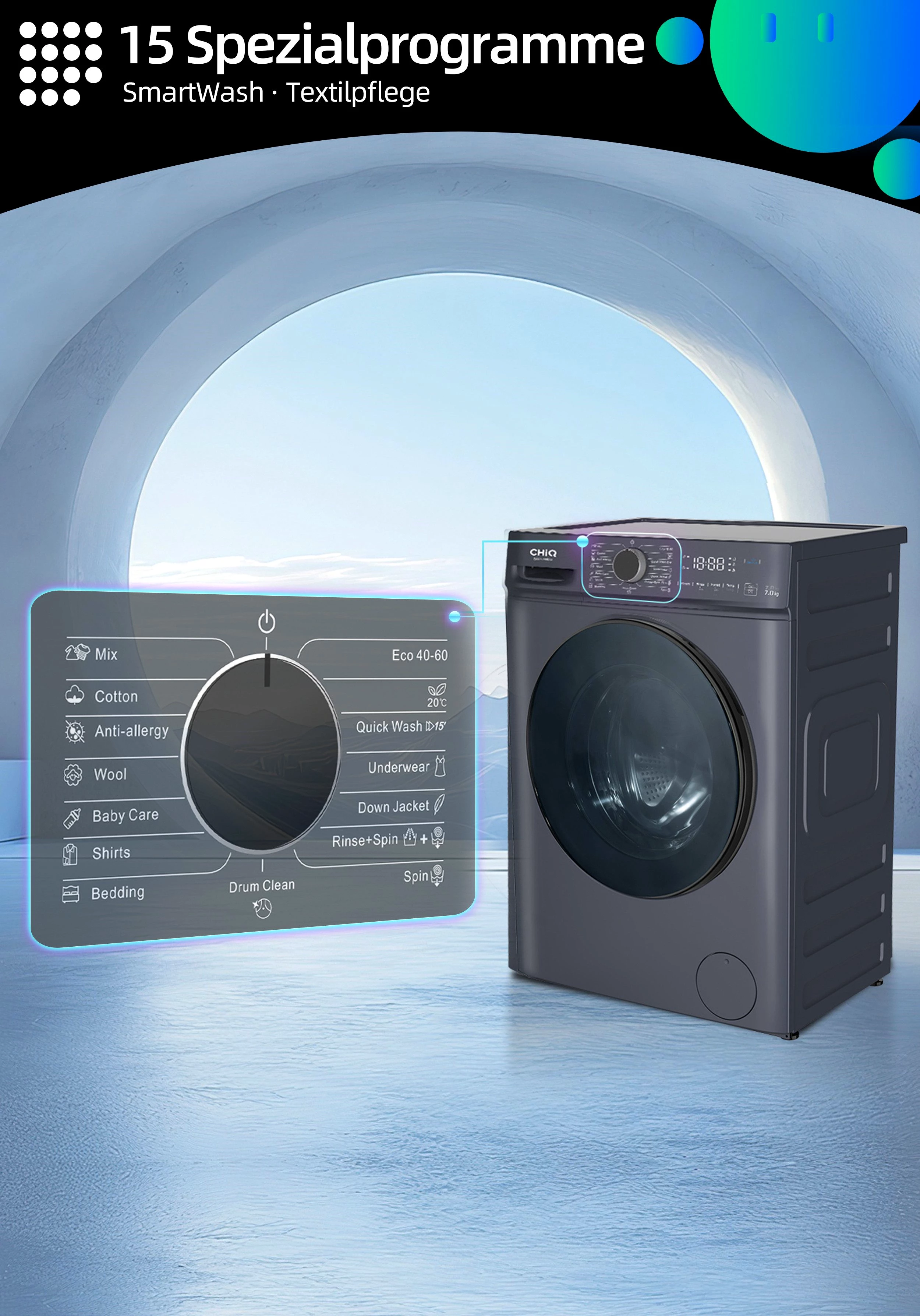 CHiQ Waschmaschine SPACE PRO CW07123863AX, 7 kg, 1200 U/min, Dampfsterilisation