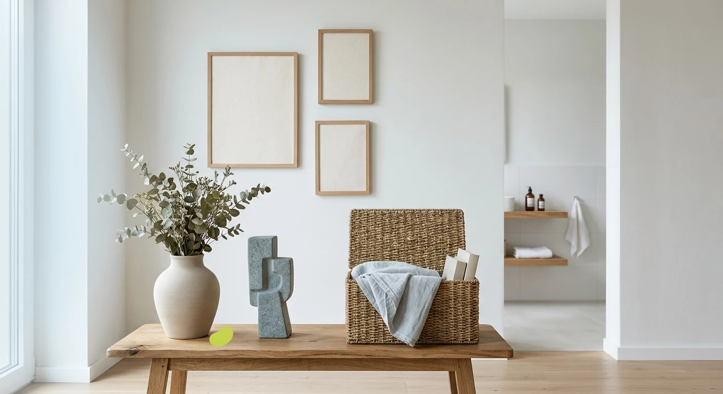 Helle Wohnszene mit Vase, Skulptur, Wanddekoration und Aufbewahrungskiste