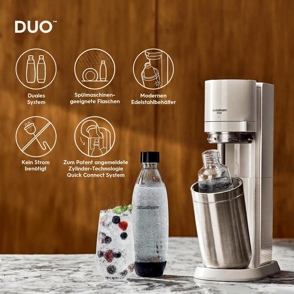 SodaStream DUO Wassersprudler Weiß mit Glas- und Kunststoffflasche