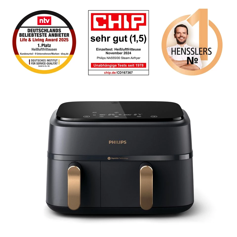 Philips Heißluftfritteuse 3000 Series NA352/00, Dual Basket Airfryer mit 9L Kapazität , 2750 W