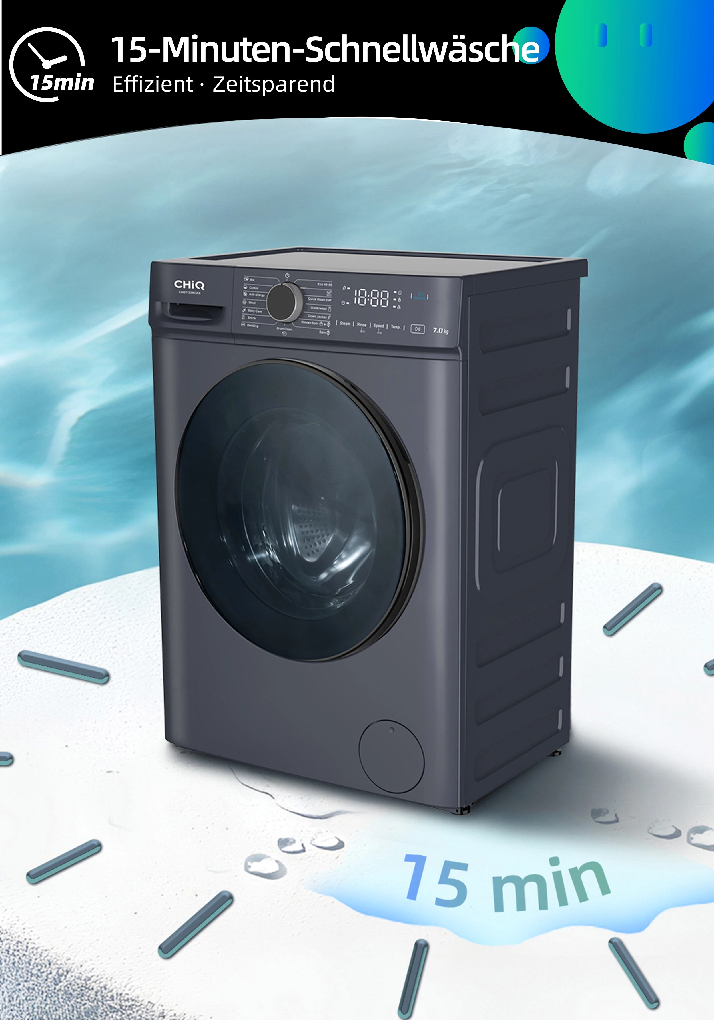 CHiQ Waschmaschine SPACE PRO CW07123863AX, 7 kg, 1200 U/min, Dampfsterilisation