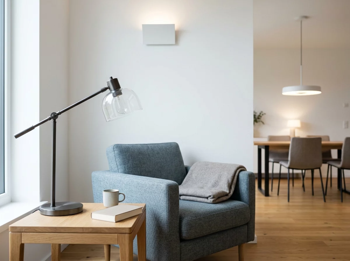 Moderne Raumszene mit Tischleuchte und dezenter Wandbeleuchtung