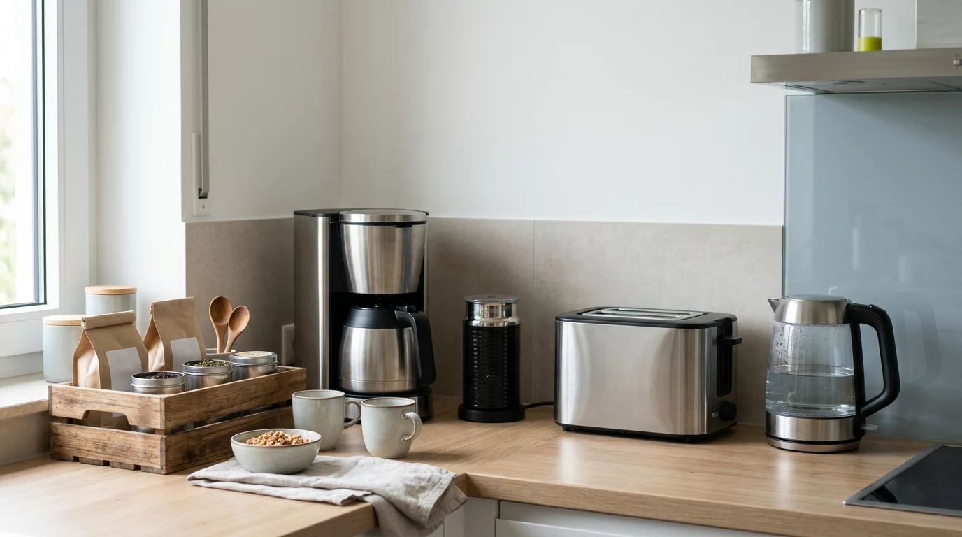 Geordneter Kaffee- und Frühstücksplatz mit Kaffeemaschine, Toaster und Wasserkocher