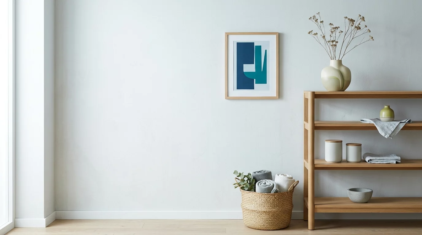 Helle Wohnszene mit Vase, Wanddekoration und geordnetem Aufbewahrungsbereich