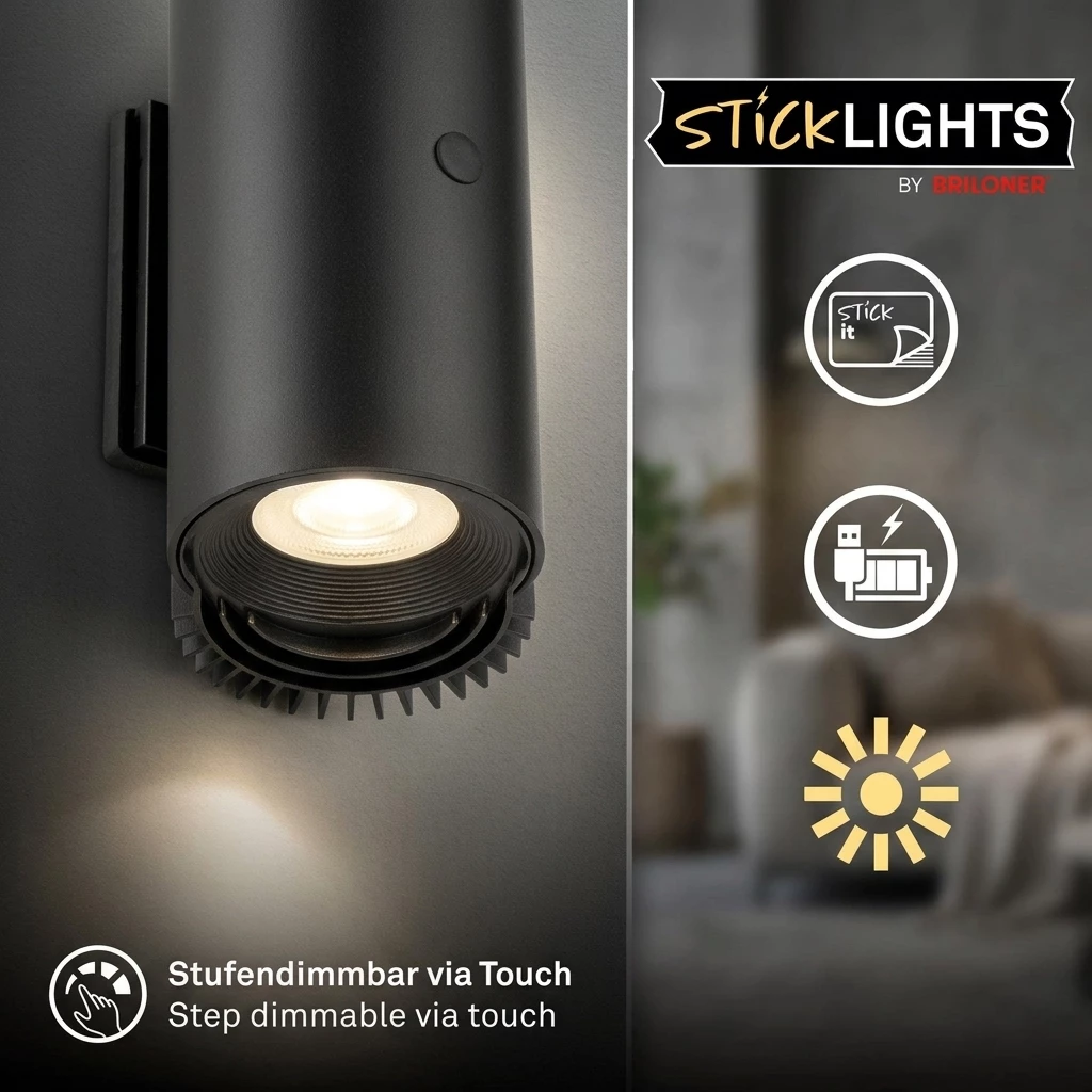 Briloner Leuchten LED Wandleuchte Dimmbar Touchfunktion Kabellos Warmweiß, LED fest integriert